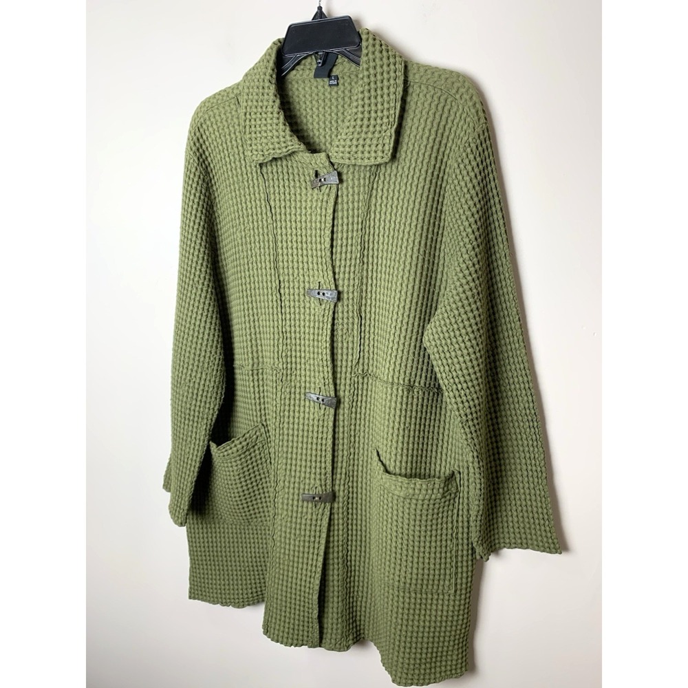 Focus Fashion Big Waffle Jacket Womens Large Olive Green 100% Cotton Lagenlook - Picture 3 of 10